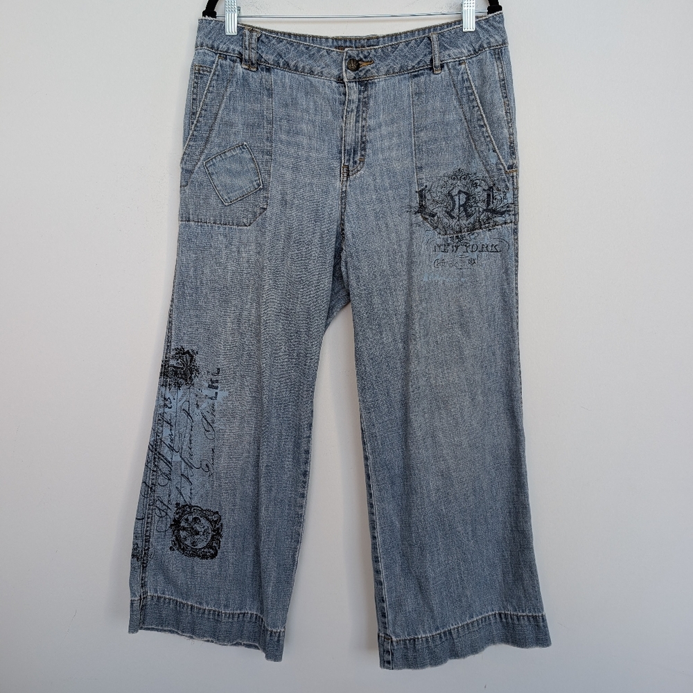Vtg Lauren Jeans Ralph Lauren Blue Patch Denim Women's Wide Leg Jeans Sz 12